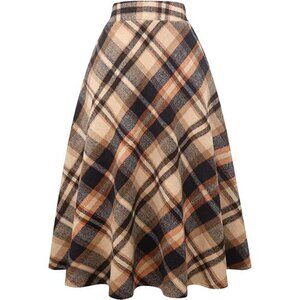 Women's High Elastic Waist Maxi Skirt A-line Plaid Winter Warm Flare Long Skirt